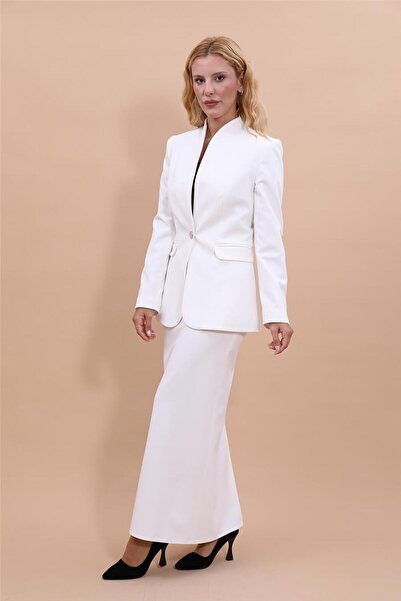 ÖNDER ÖZSOY Self-Standing Collar Jacket & Long Straight Skirt - White - 1072553