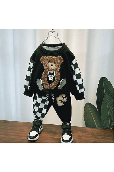 nannie Puffy Boys Black Checkered Outfit - 18-24 Months