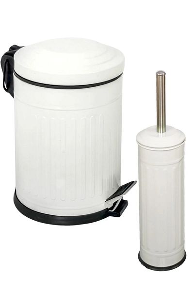 Taştan home Vintage 2 Li Bathroom set pedal bin - WC brush striped White