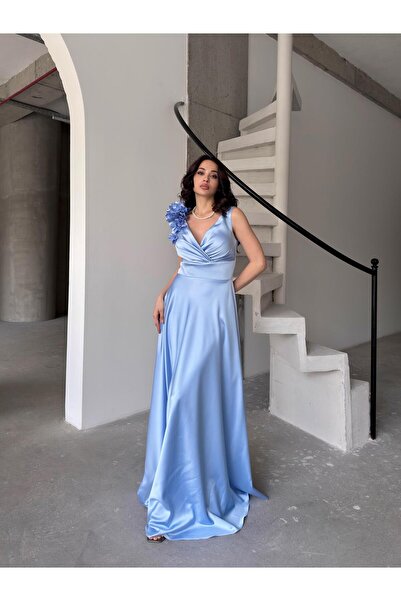 Serica Moda Βρεφικό μπλε διπλό γιακά με λεπτομέρεια σατέν βραδινό φόρεμα