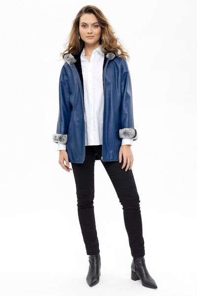 Deriderim Mavi Perla Geniş Kesim Içi Kumaş Çift Taraflı Kapüşon Ve Kol Ağzı Kürklü Kadın Hakiki Deri Kaban