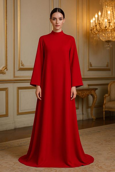 UNTIMELY Red Crepe Maxi Dress - Large Sleeve Detail, Oversize/Regular Fit