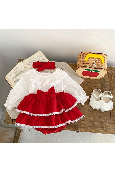 nannie Red Girl's Dress With White Lace - 12-18 Months