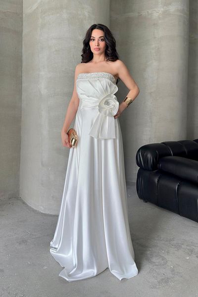 Serica Moda Floral Detailed Evening Dress with White Stone Accessories