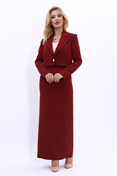 ÖNDER ÖZSOY Tek Düğme Mini Ceket & Uzun Kalem Etek Takım-Bordo