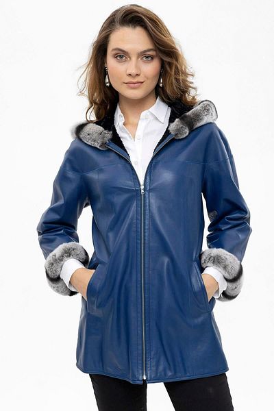 Deriderim Blue Perla Wide Cut Fabric Double Sided Hood and Sleeve Furry Women's Genuine Leather Coat