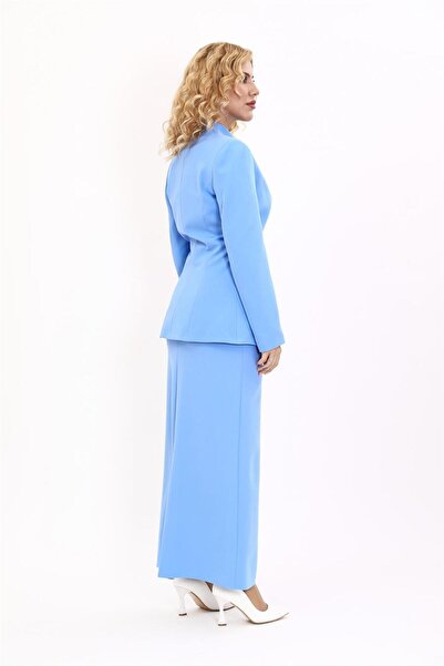 ÖNDER ÖZSOY Yakasız Ceket  & Uzun Kalem Etek Takım-Gökyüzü