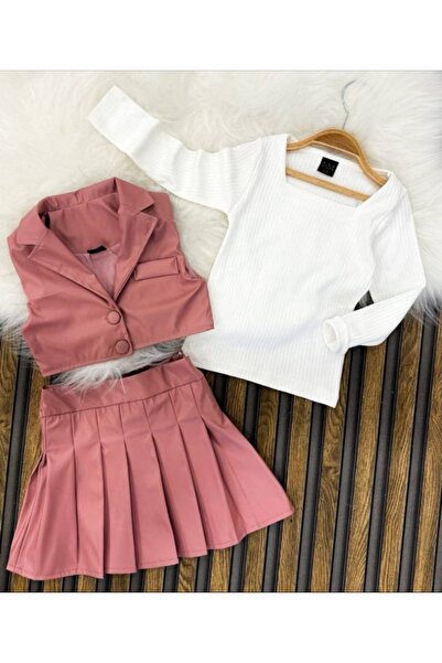 AKŞEN GİYİM DEVOJČIČINA PUDER BOJA Koža Y Prsluk SOKLA BLUZ TROJNI SET