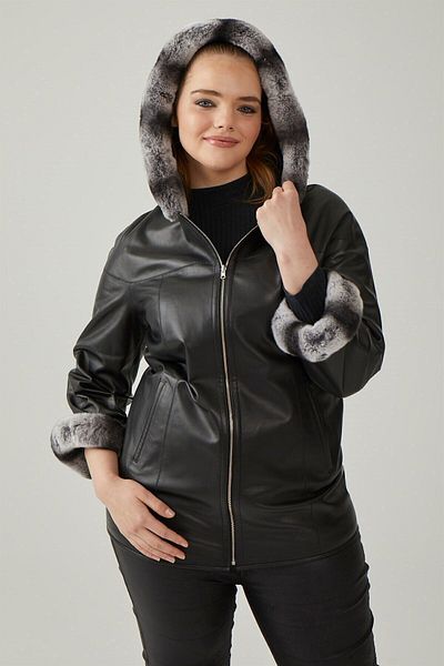 Deriderim Black Perla Wide Cut Inside Fabric Double Sided Hood and Sleeve Furry Women's Genuine Leather Coat