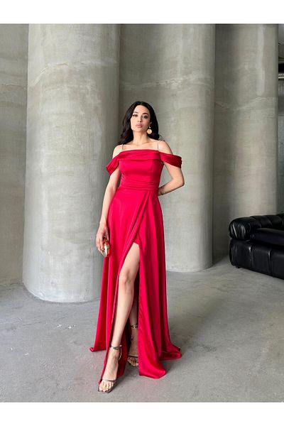 Serica Moda Red Stone Strap Low Sleeve Satin Evening Dress
