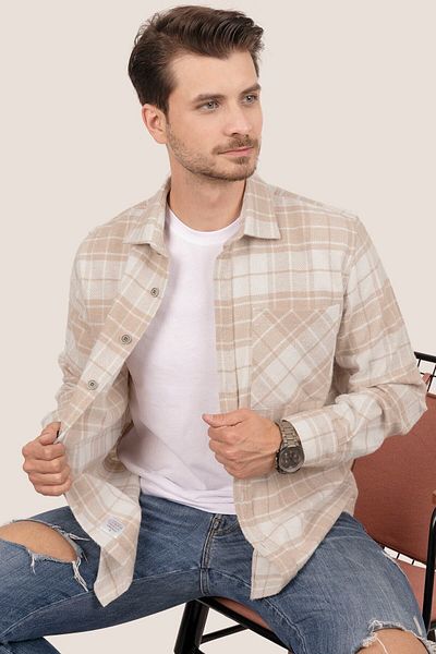 Etikmen Sand Beige Oversize Χοντρό πουκάμισο ξυλοκόπο με κουτί δώρου