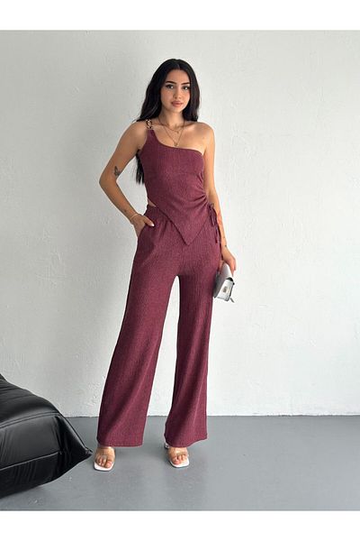 SEVENLINE Women's One Sleeve Side Gathered Blouse Asymmetrical Bottom Top Set