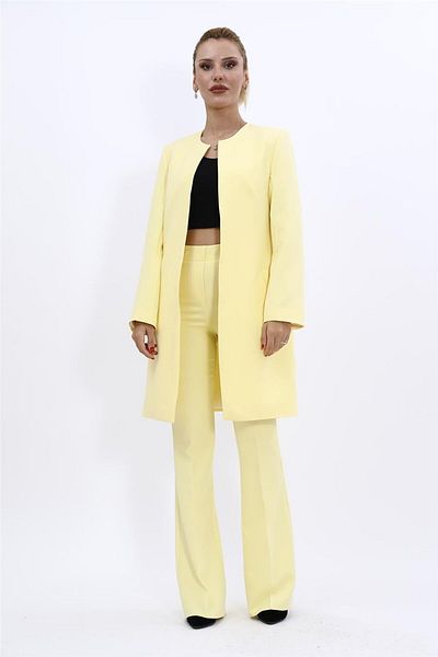 ÖNDER ÖZSOY Plus Size - Solid Jacket & Flare Leg Pants Set-Yellow