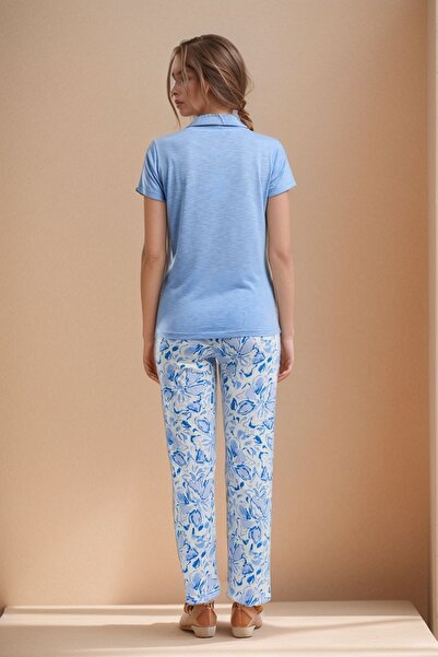 Loule Kadın Giyim Açık Mavi Kısa Kollu Düğme Yaka Üst & Alt İkili Pijama Takımı LL.AR01.NE00.TT04