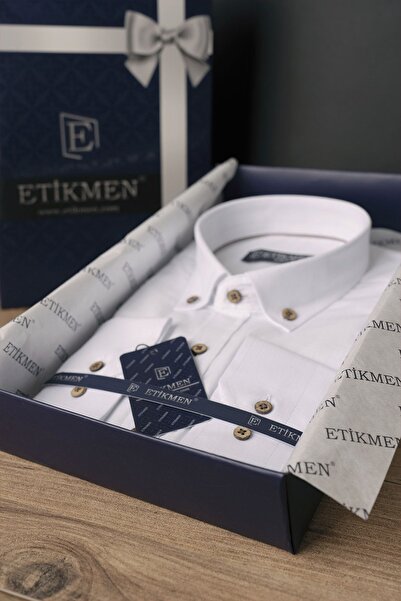 Etikmen Λευκό Καφέ Λινό Slimfit Πουκάμισο με Κουτί δώρου