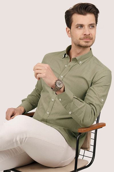 Etikmen Мъжка риза Slimfit от лен - яка в цвят каки, ​​закопчана, подаръчна кутия