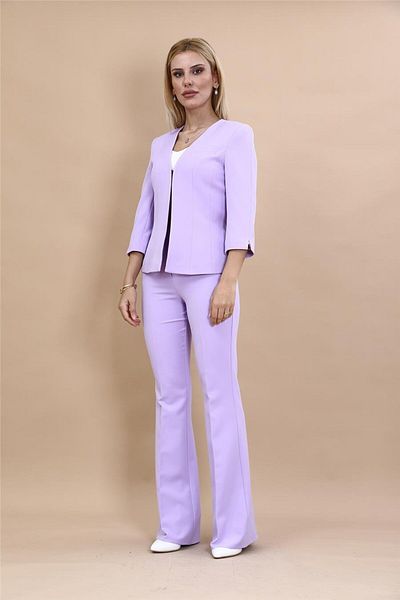 ÖNDER ÖZSOY Plus Size V-Neck Cropped Jacket & Flared Leg Pants Set-Violet