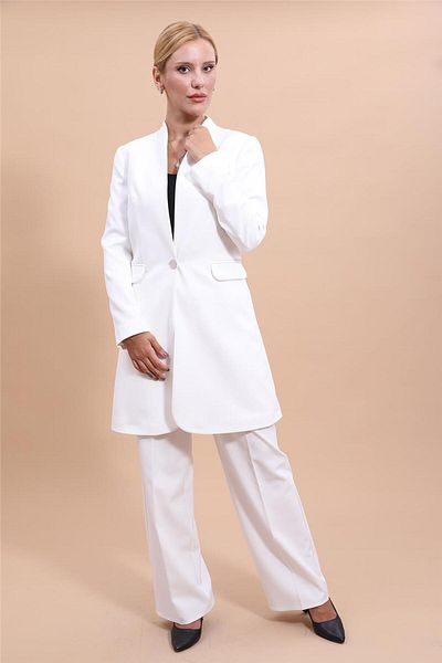 ÖNDER ÖZSOY Plus Size - Long Collarless Jacket & Wide Leg Pants Set-White