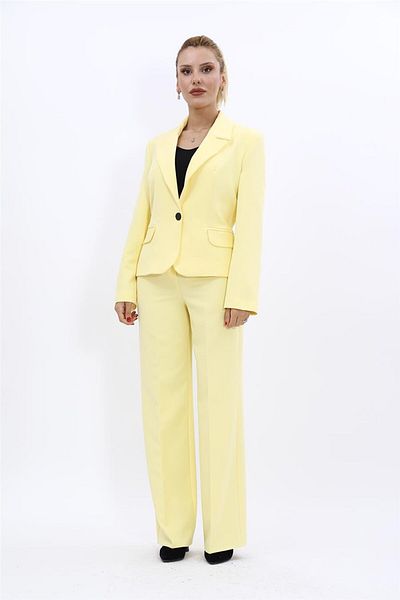 ÖNDER ÖZSOY Plus Size - Collared Single Button Jacket & Wide Leg Pants Set-Yellow
