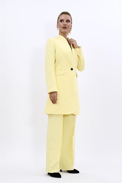 ÖNDER ÖZSOY Plus Size - Long Collarless Jacket & Wide Leg Pants Set-Yellow