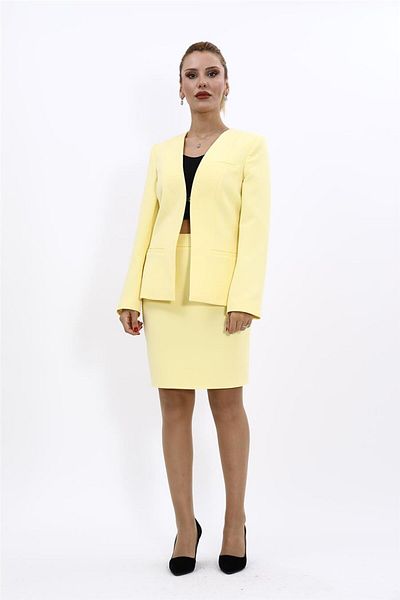 ÖNDER ÖZSOY Plus Size - V-Neck Long Jacket & Short Pencil Skirt Set-Yellow