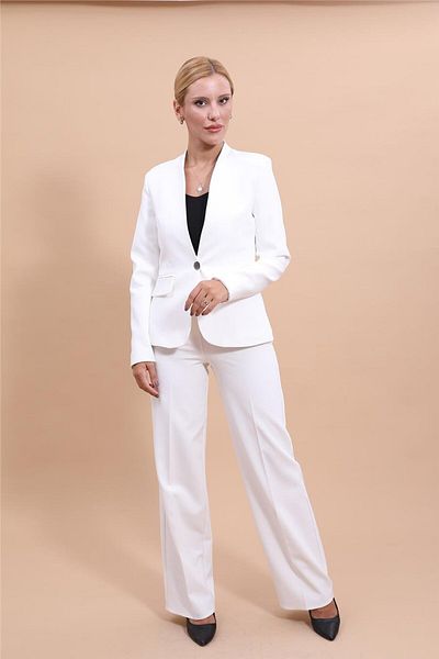 ÖNDER ÖZSOY Plus Size - Collarless Single Button Jacket & Wide Leg Pants Set-White