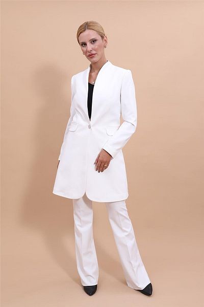 ÖNDER ÖZSOY Plus Size - Long Collarless Jacket & Flared Leg Pants Set-White