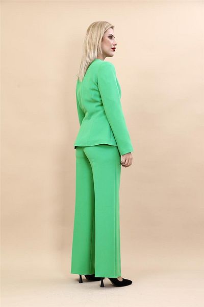 ÖNDER ÖZSOY Oval Collar Long Jacket & Wide Leg Pants Set-Green