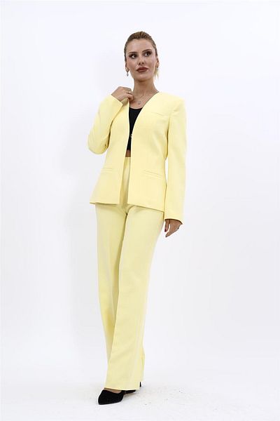ÖNDER ÖZSOY Plus Size - V-Neck Long Jacket & Wide Leg Pants Set-Yellow