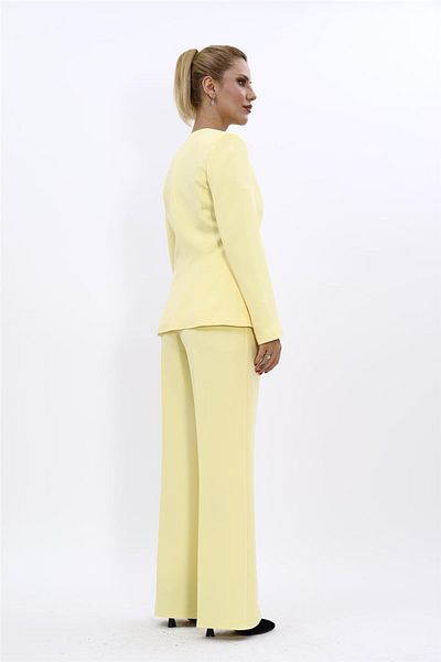ÖNDER ÖZSOY Plus Size - V-Neck Long Jacket & Wide Leg Pants Set-Yellow