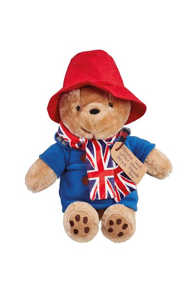 Rainbow Paddington Bear plush toy with Union Jack scarf, 25 cm (sitting)