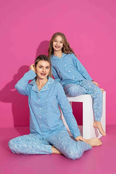 ETHEM TEKSTİL Kadın Mix Desenli Önden Düğmeli Mavi Anne-kız Kombin Pijama Takımı