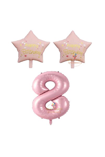 BEST PARTİ DOĞUM GÜNÜ PARTİ SÜSLERİ Pink Color Star Foil Balloon Set - Age 8'...