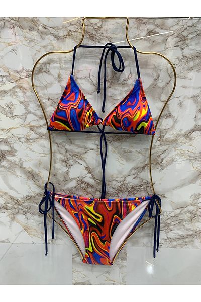 XORVİO Γυναικεία Νέας σεζόν Lycra Stretchy Halter Κομψό Σετ μπικίνι με κορδόνι τρίγωνο ουράνιο τόξο