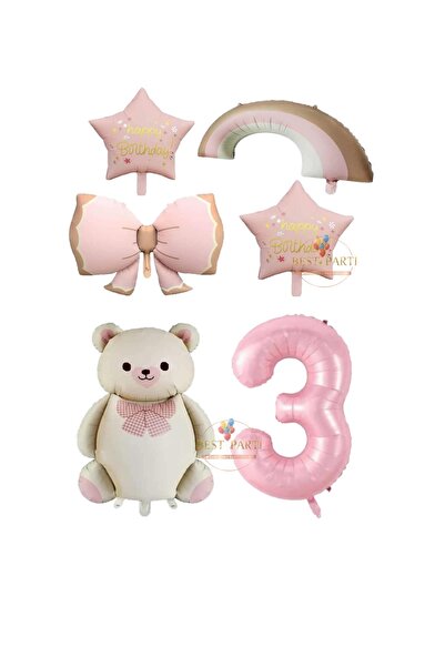 BEST PARTİ DOĞUM GÜNÜ PARTİ SÜSLERİ Pink Color Bow Star & Cream Teddy Bear Fo...