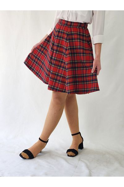 MRV DESIGN Red Plaid Six Pieces Zippered Woven Flared Skirt