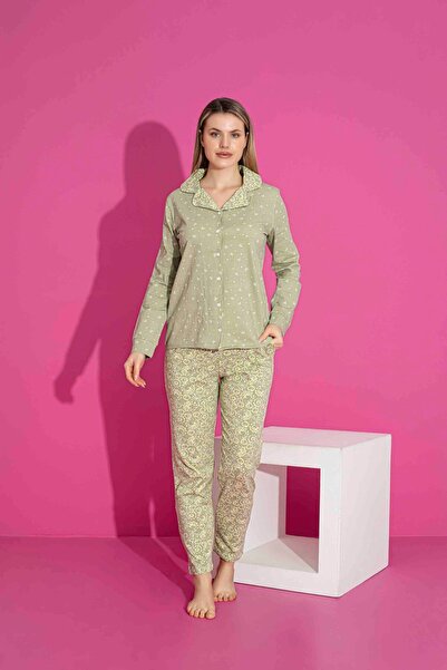 ETHEM TEKSTİL Women's Mix Patterned Front Buttoned Khaki Color Mother-Daughter Combination Pajama Set