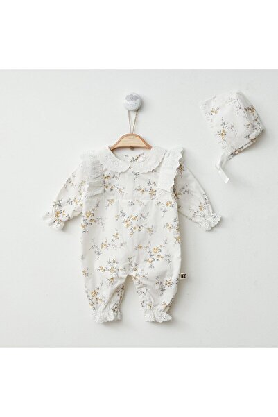 Minimus Yenidoğan Kız Bebek Pamuklu Çiçekli Tulum Terikoton Dantelli Lora Şapkalı Dokuma Tulum Hastene Çıkış