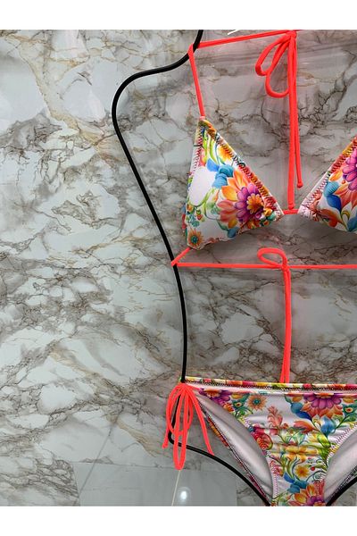 XORVİO Set de bikini pentru femei, lycra, elastic, cu șnur și gât, cu șnur, cu model de flori triunghiulare