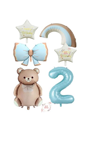 BAL10 DÜNYASI Blue Color Rainbow Star and Caramel Teddy Bear Foil Balloon Set...