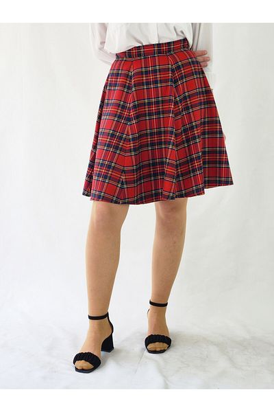 MRV DESIGN Red Plaid Six Pieces Zippered Woven Flared Skirt