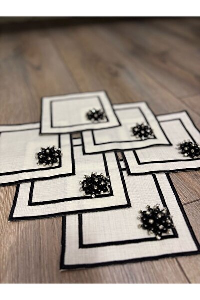 LUXURY Siyah incili 6 adet kahve yanı sunum peçetesi