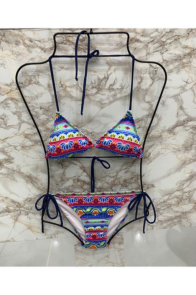 XORVİO Women's Tulip Pattern New Season Lycra Stretchy Side and Neck Tie Stylish Drawstring Triangle Bikini Set