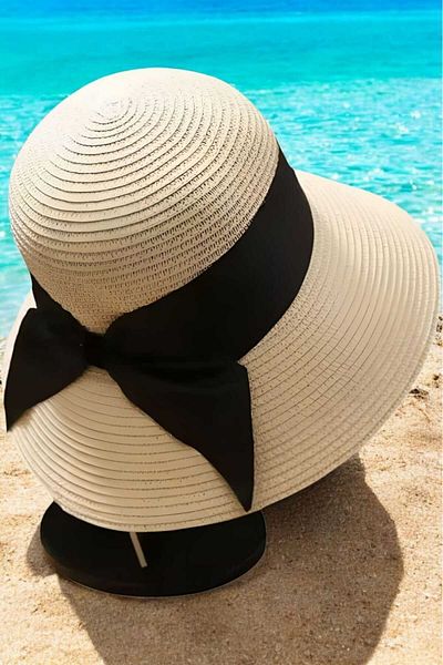 Mood Agenda Women's Wide Brim Black Ribbon Detailed Uv Protection Summer Straw Hat