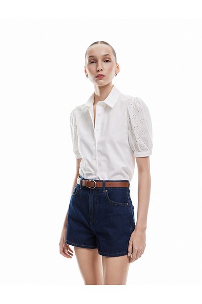Koton New Season Cotton Classic Collar Short Balloon Sleeve Scallop Detailed Poplin Crop Shirt