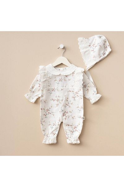 Minimus Cotton Floral Print Romper for Baby Girl - Terikoton Lace and Hat Hospital Romper