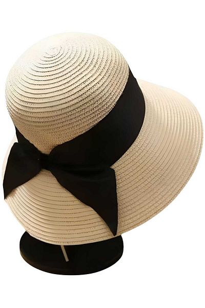 Mood Agenda Women's Wide Brim Black Ribbon Detailed Uv Protection Summer Straw Hat