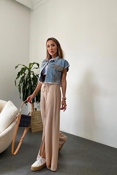 FASHION COCKTAIL Gizli Yırtmaç Detaylı Bağlamalı Bohem Hippi Tarz Yüksek Bel Salaş Keten Kadın Yazlık Pantolon