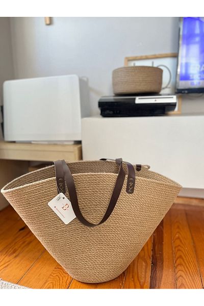 Bohemahomedecor Ψάθινη τσάντα παραλίας από γιούτα casual τσάντα μεγάλου μεγέθους