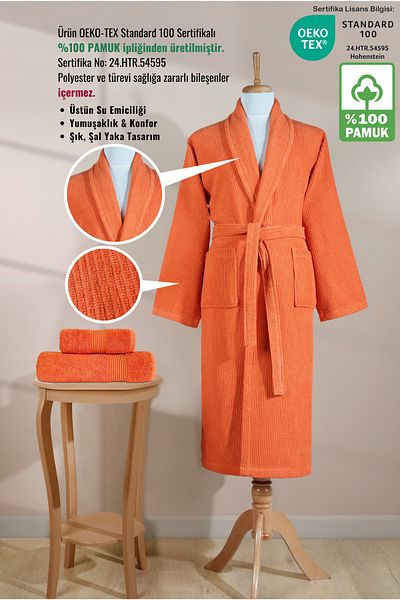 Ellaline Σετ ριγέ μπουρνούζι 100% βαμβάκι με πιστοποίηση 3 τεμαχίων Shalyaka Σετ μπουρνούζι και πετσέτα κεφαλιού πορτοκαλί